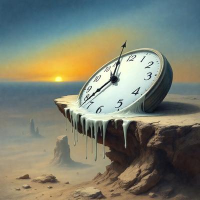 The primary subject of the image is a large, melting clock. The clock is placed on a rocky surface, which appears to be a desert-like environment. The visual style of the image is a painting, with the clock being depicted in a surreal and melting manner. The colors and mood of the image are predominantly dark and moody, with the clock's melting appearance adding a sense of unease or tension to the scene.